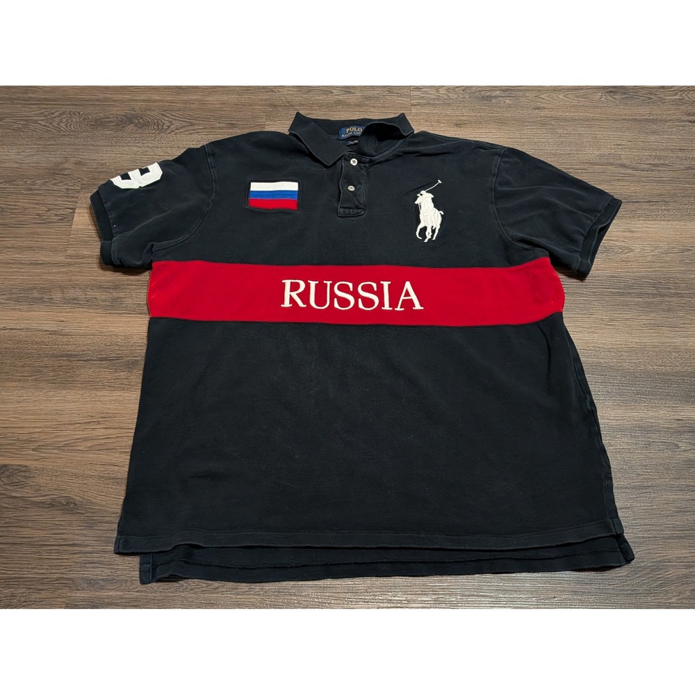 Polo Ralph Lauren Russia Big Pony Polo Shirt Black Red XXL Custom Fit Mens